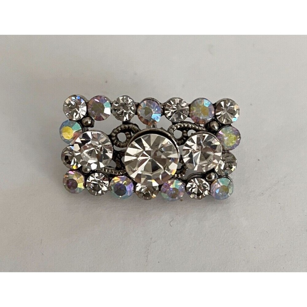 Large Rectangular Button Silver Tone Filagree w/Clear & Iridescent Rhinestones - Picture 5 of 13